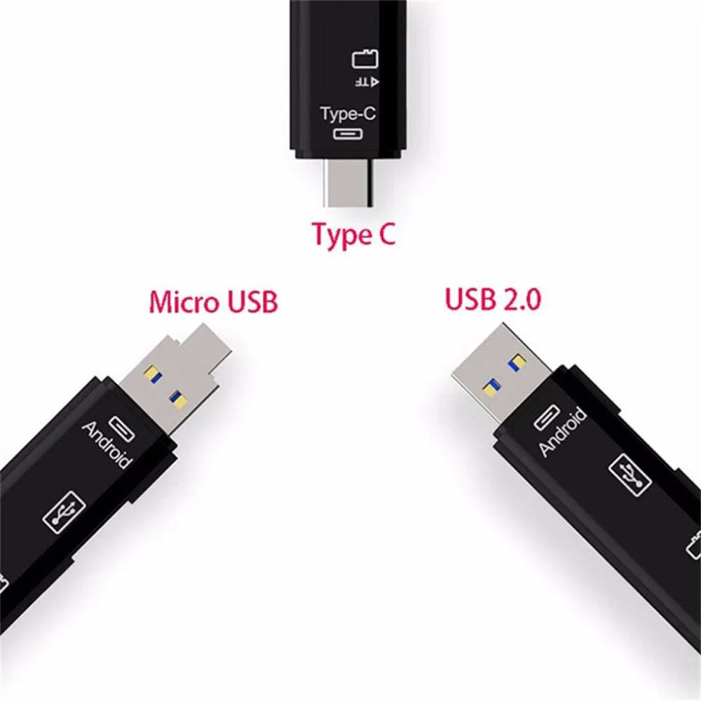 Black and white USB-C to Micro USB OTG hub adapter with TF card slot and two USB ports.