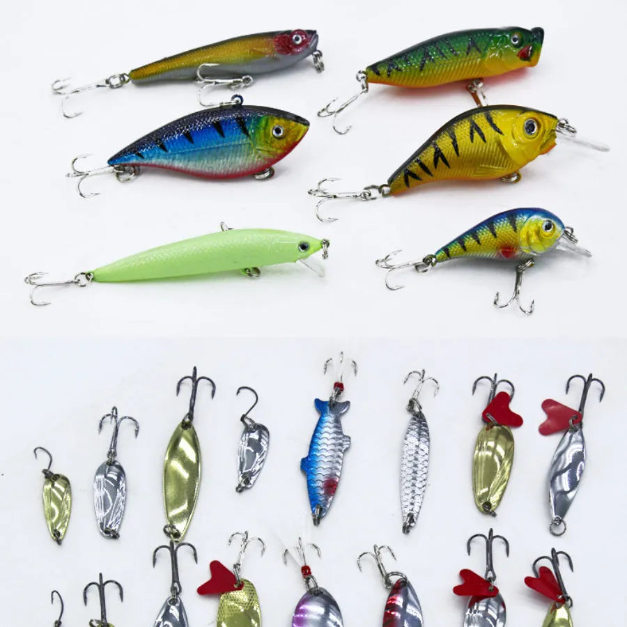 132-piece fishing lure suit with soft baits and hooks in rose red treasure colour