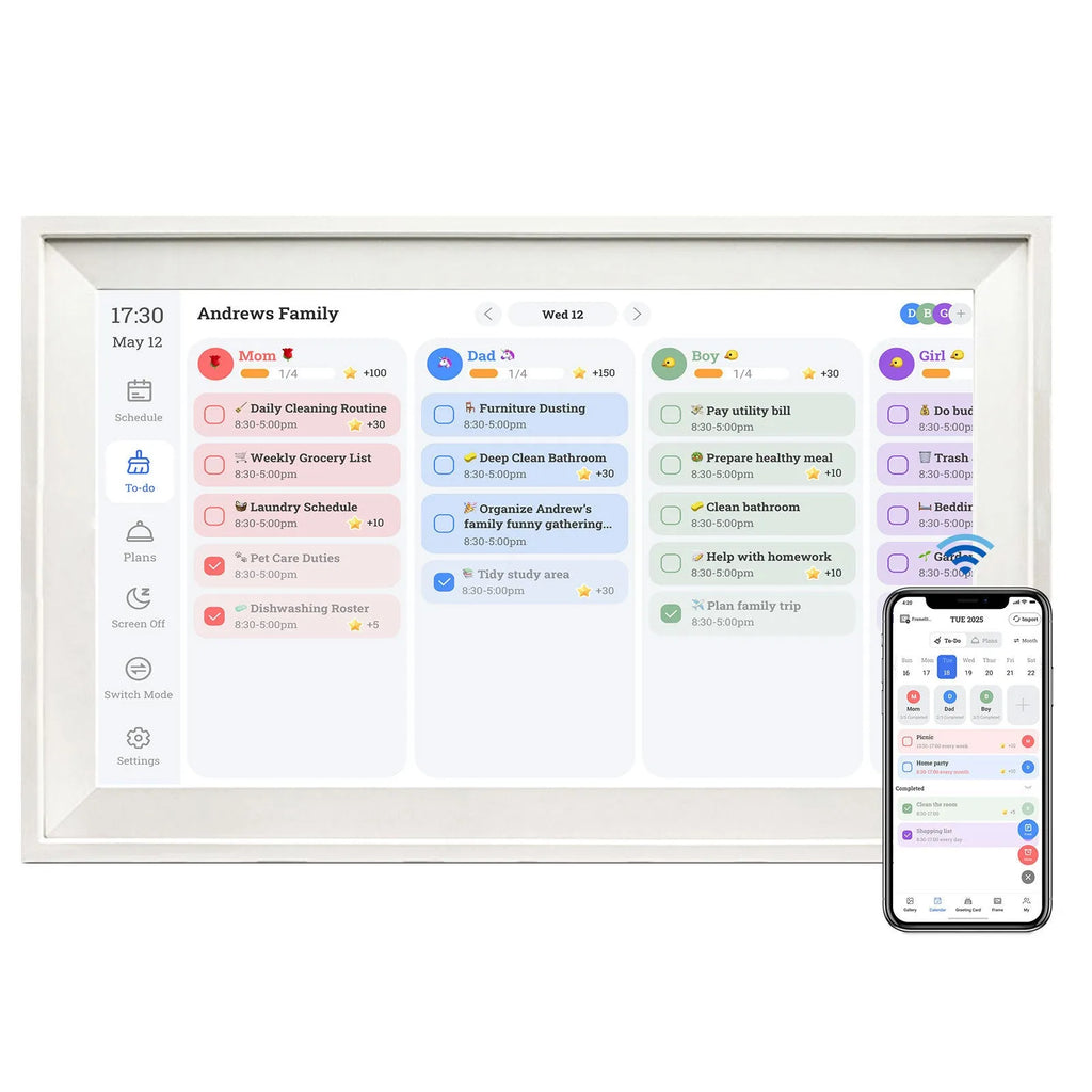 White 15.6 inch smart digital photo frame with Full HD screen on tabletop with mobile app connection