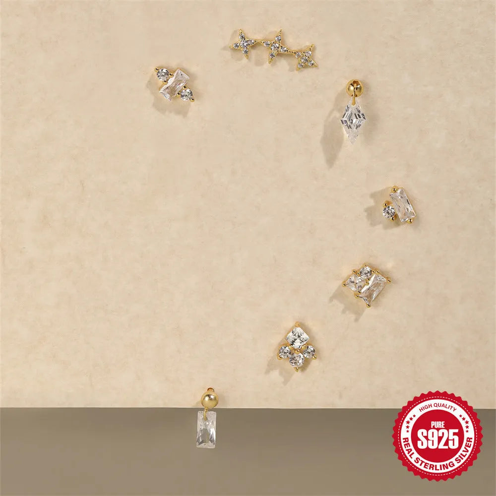 S925 sterling silver stud earrings with red square gravel stones and flower design in gold finish