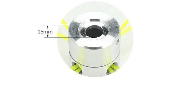 Silver aluminium lawn mower grass head accessory with four light yellow square grass ropes