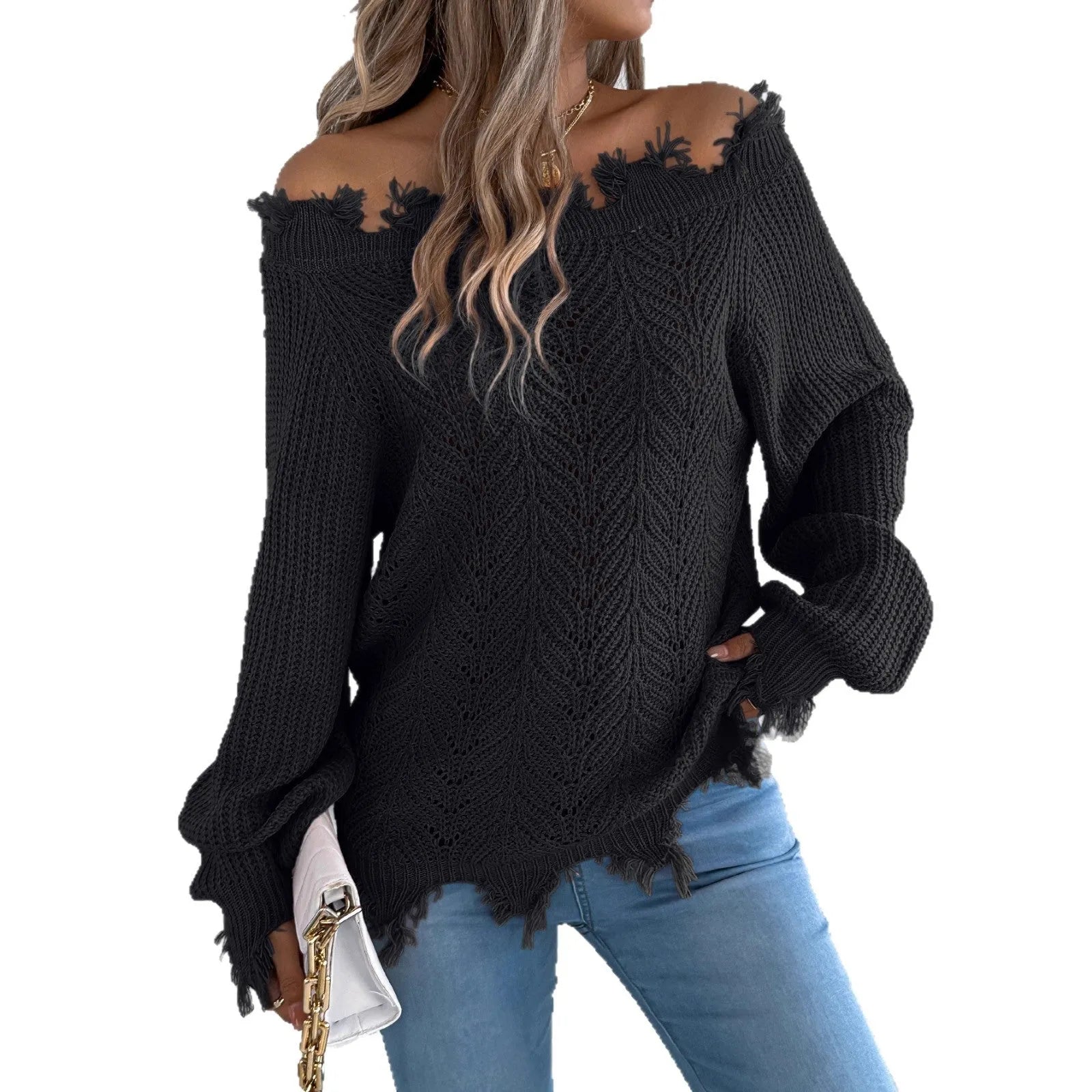 White hollow-out long-sleeved pullover sweater with cut off-the-shoulder design
