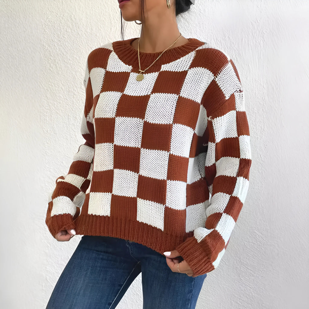 Dark brown plaid acrylic pullover sweater with loose round neck and long sleeves