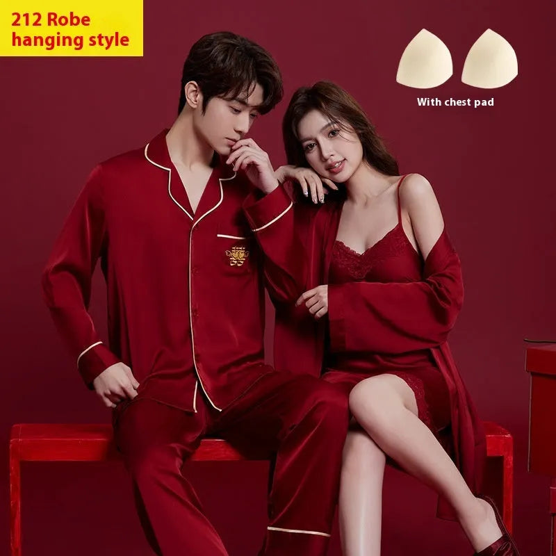 Red long sleeve polyester pyjama set for men and women on hangers
