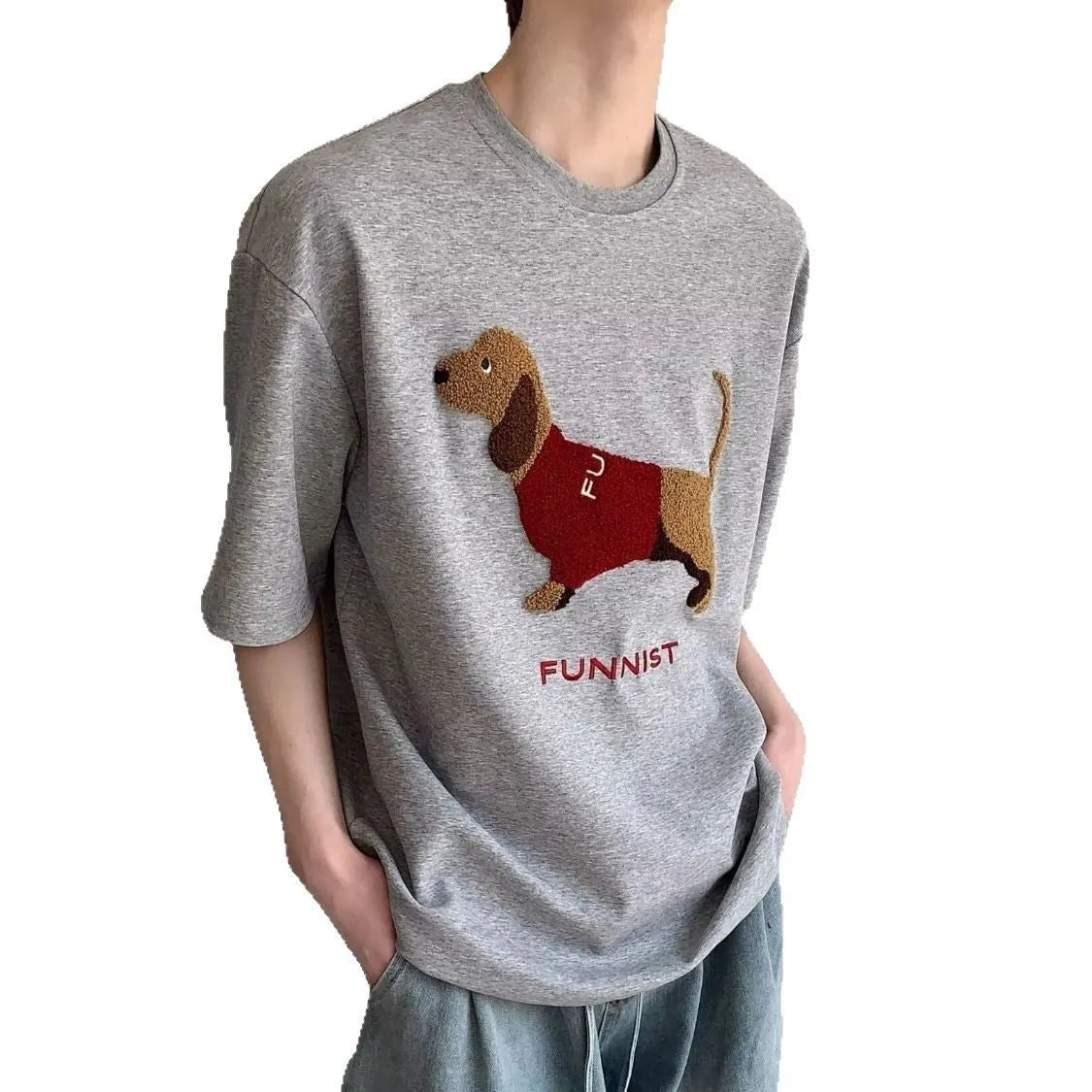 Men's grey t-shirt with embroidered sausage dog design on chest, round neck, short sleeves.