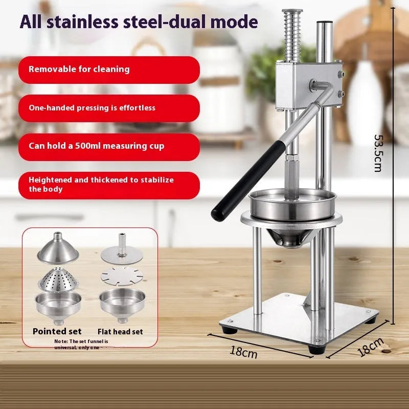 Manual stainless steel and nylon citrus juicer on a countertop, 480cm size with flat mould head.