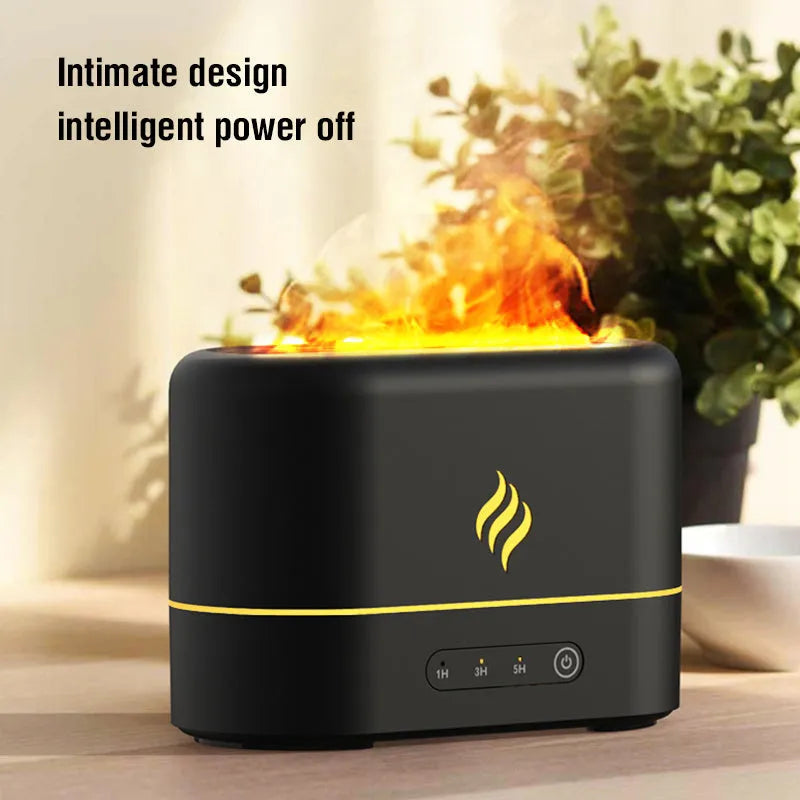 Black and white USB-powered humidifier with coloured flame LED light and aromatherapy function.