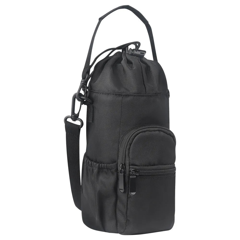 Cloth water bottle shoulder bag with crossbody strap in black, green and pink colour options