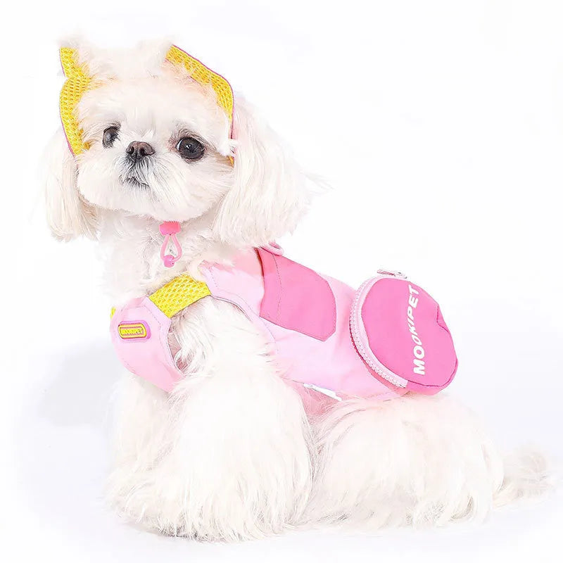Pink lightweight polyester vest for small dog breeds on a white background.
