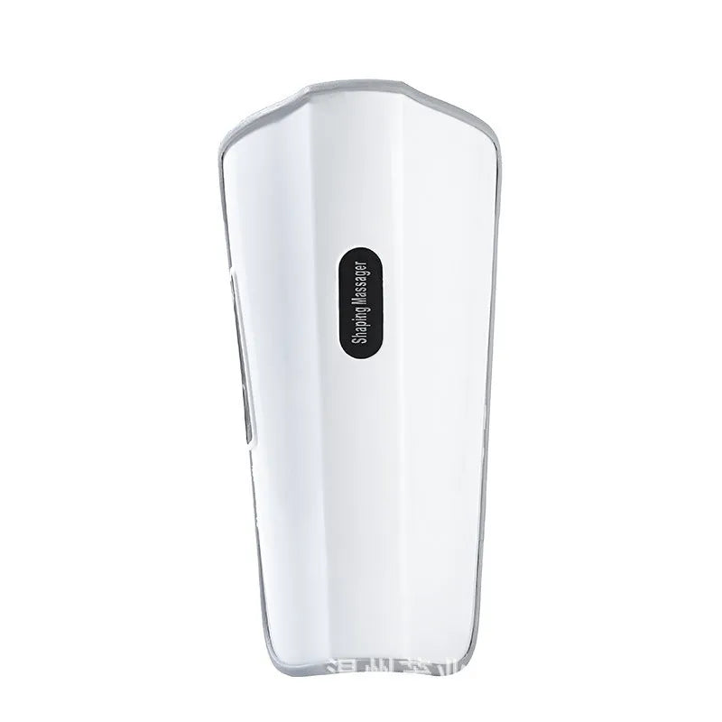 White portable electronic calf massager with control buttons, featuring infrared and electrotherapy functions.