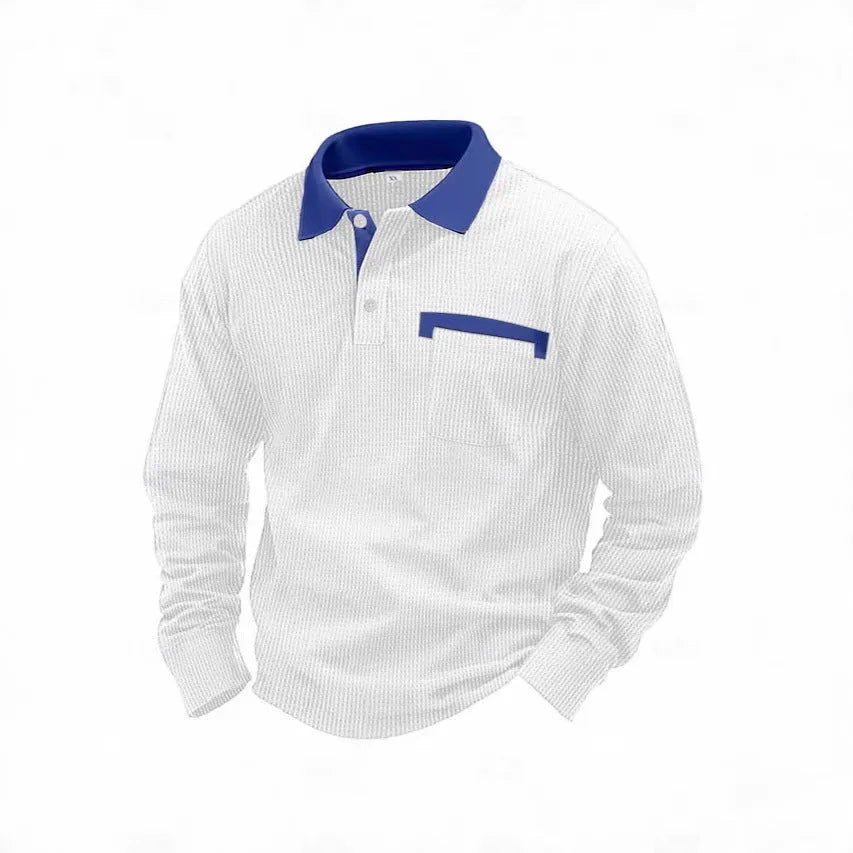 Men's long-sleeved waffle polo shirt in solid colour with asymmetric design details