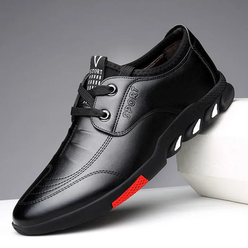 Men's black and brown PU leather business shoes with plain toe and flat heel.