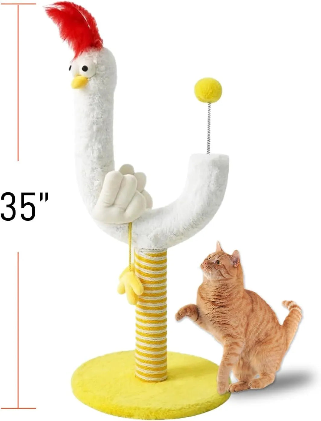 Yellow vertical sisal cat scratching post with chicken design, spring ball, and reinforced solid wood base