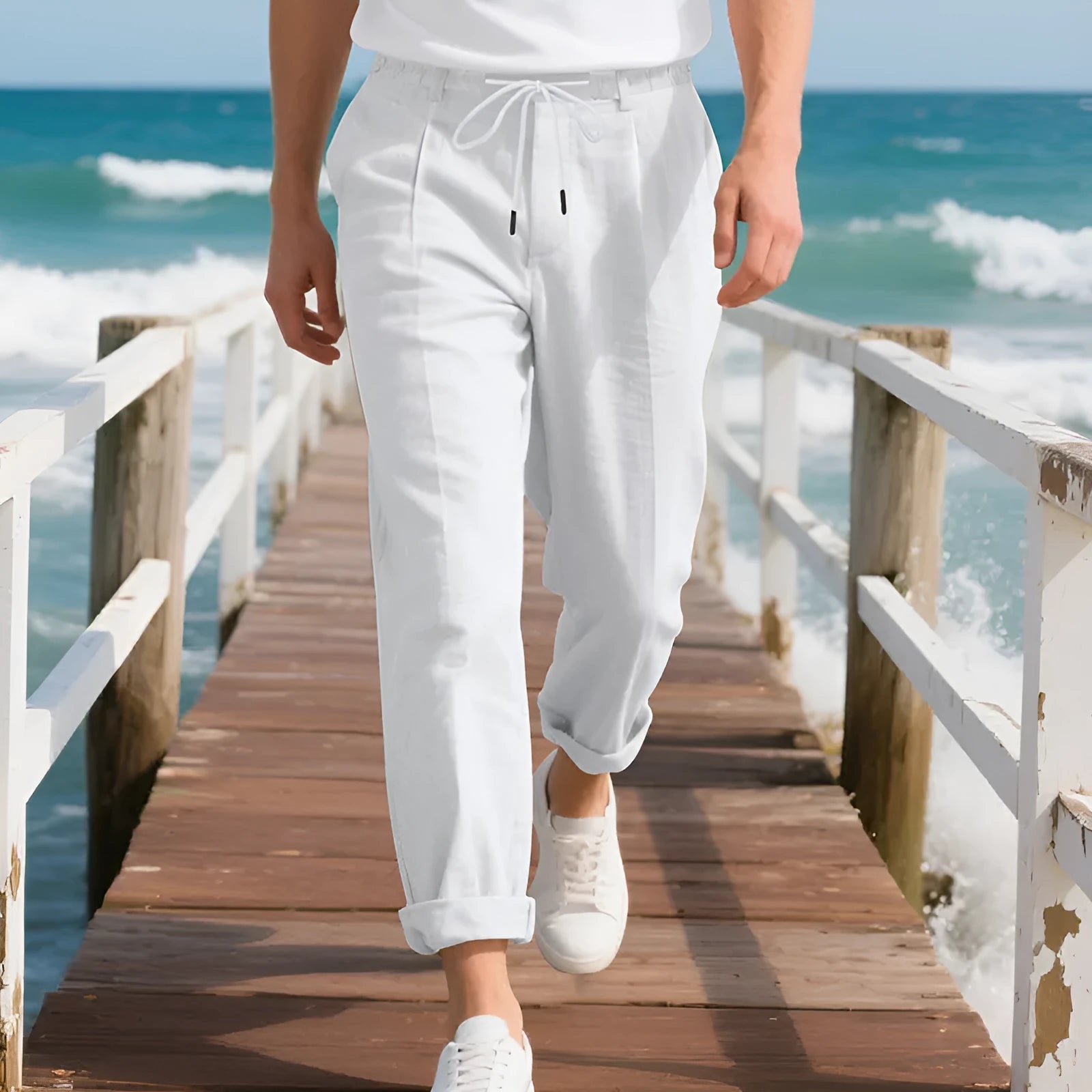 Men's loose-fit straight-leg linen trousers in light khaki colour with a drawstring waist.