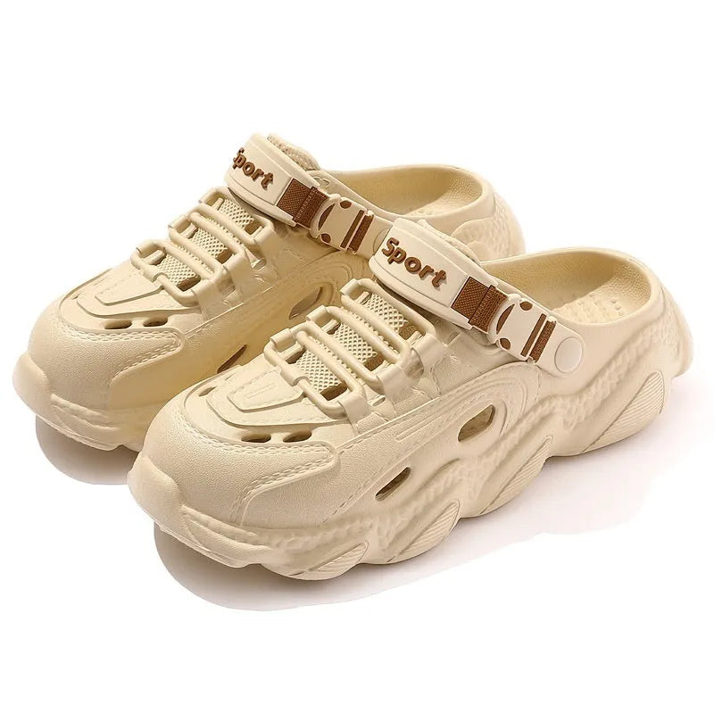 Men's khaki outdoor slippers with a breathable hollow-out design and textured EVA sole.