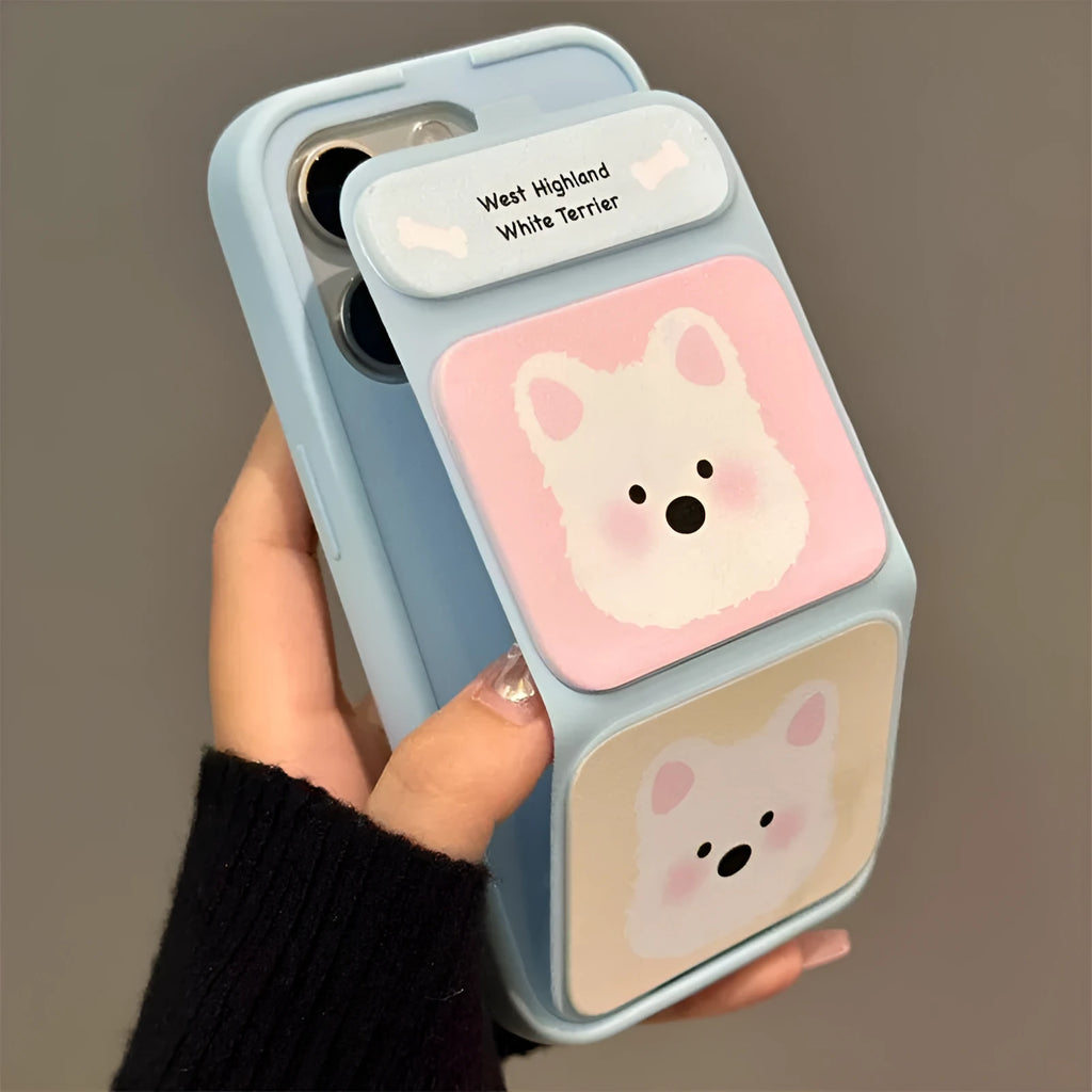 White TPU phone case with cartoon blush West Highland print and foldable bracket for iPhone