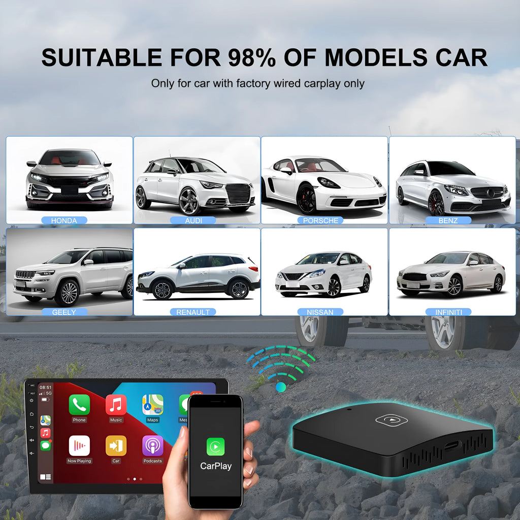 Black wireless CarPlay adapter module with cables for converting wired CarPlay to wireless connectivity