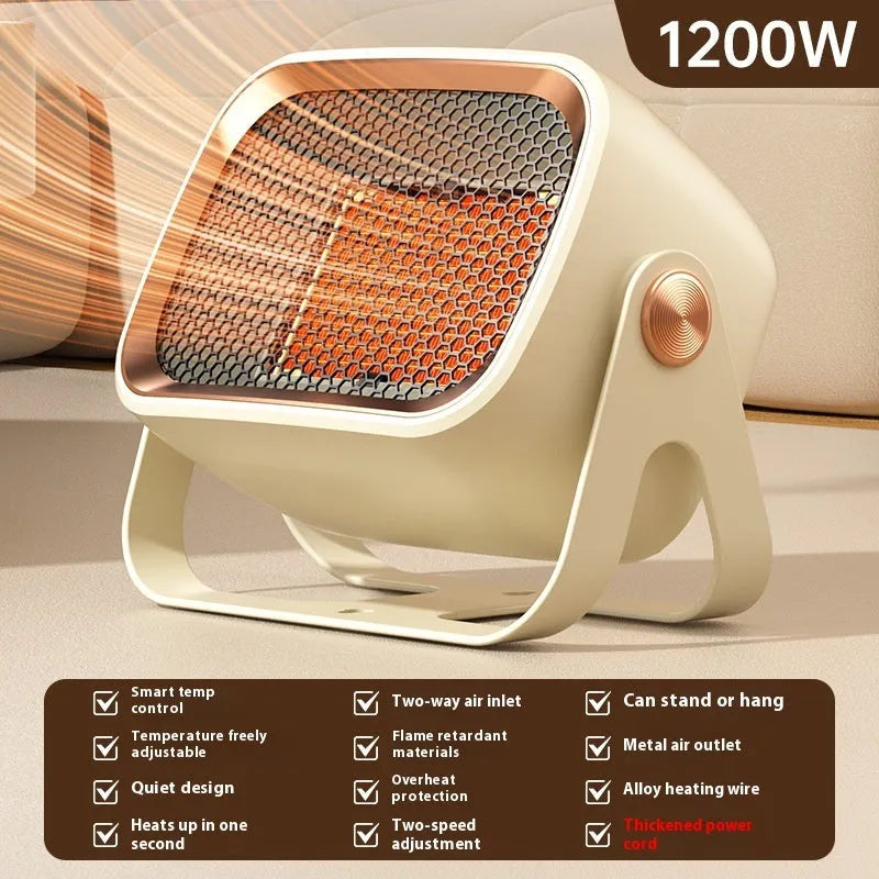 Desktop ceramic heater in white colour with adjustable power settings and two fan speed modes