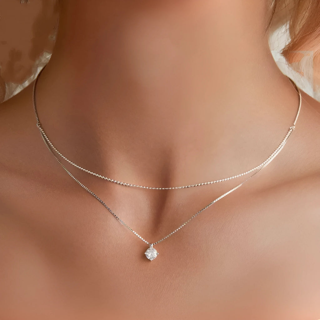 Women's silver double-layer necklace with pearl chain and matching pendant in S925 sterling silver