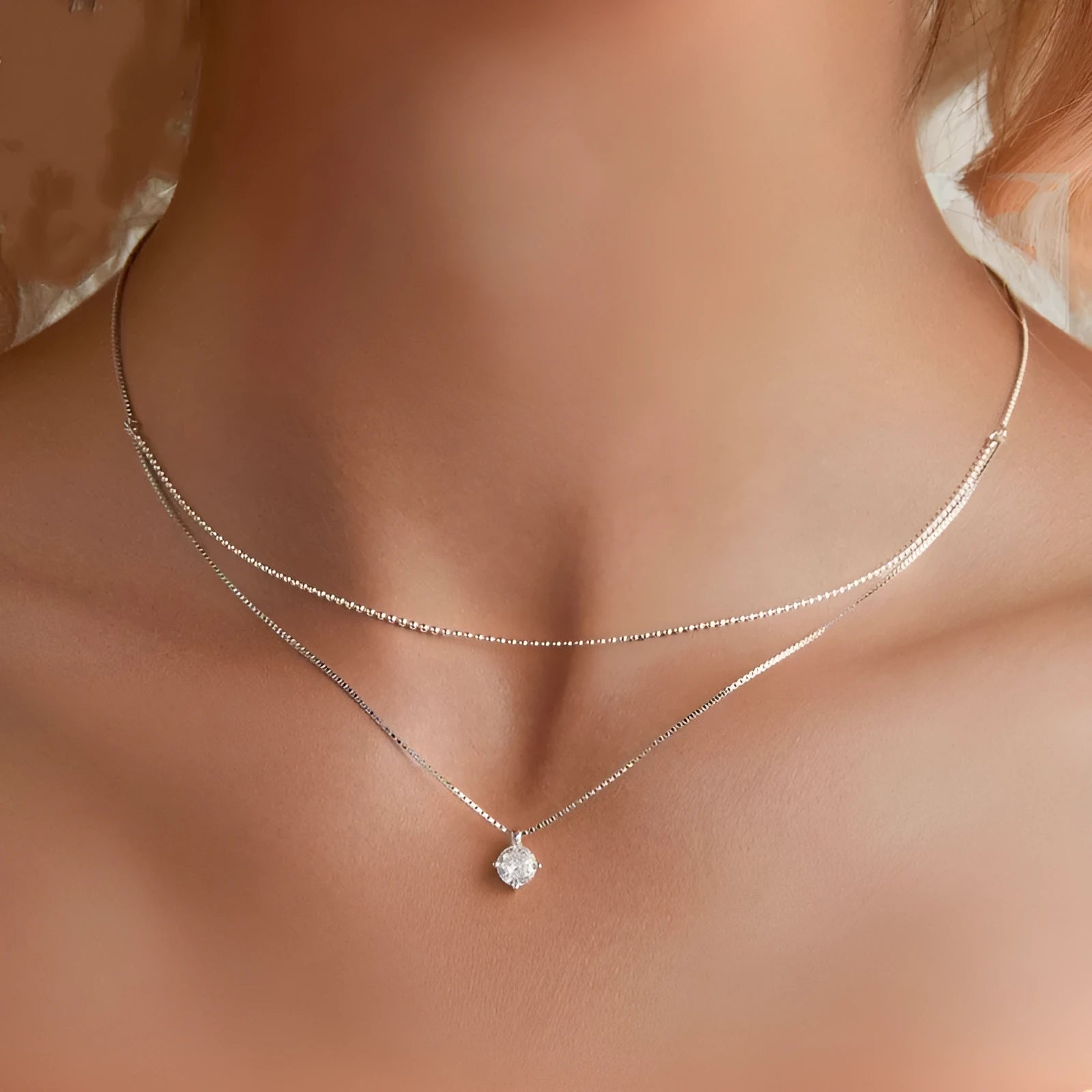 Women's silver double-layer necklace with pearl chain and matching pendant in S925 sterling silver