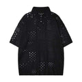 Solid colour short-sleeved polo shirt with loose fit design and hollow knit texture