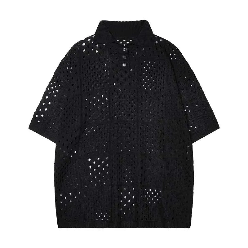 Solid colour short-sleeved polo shirt with loose fit design and hollow knit texture
