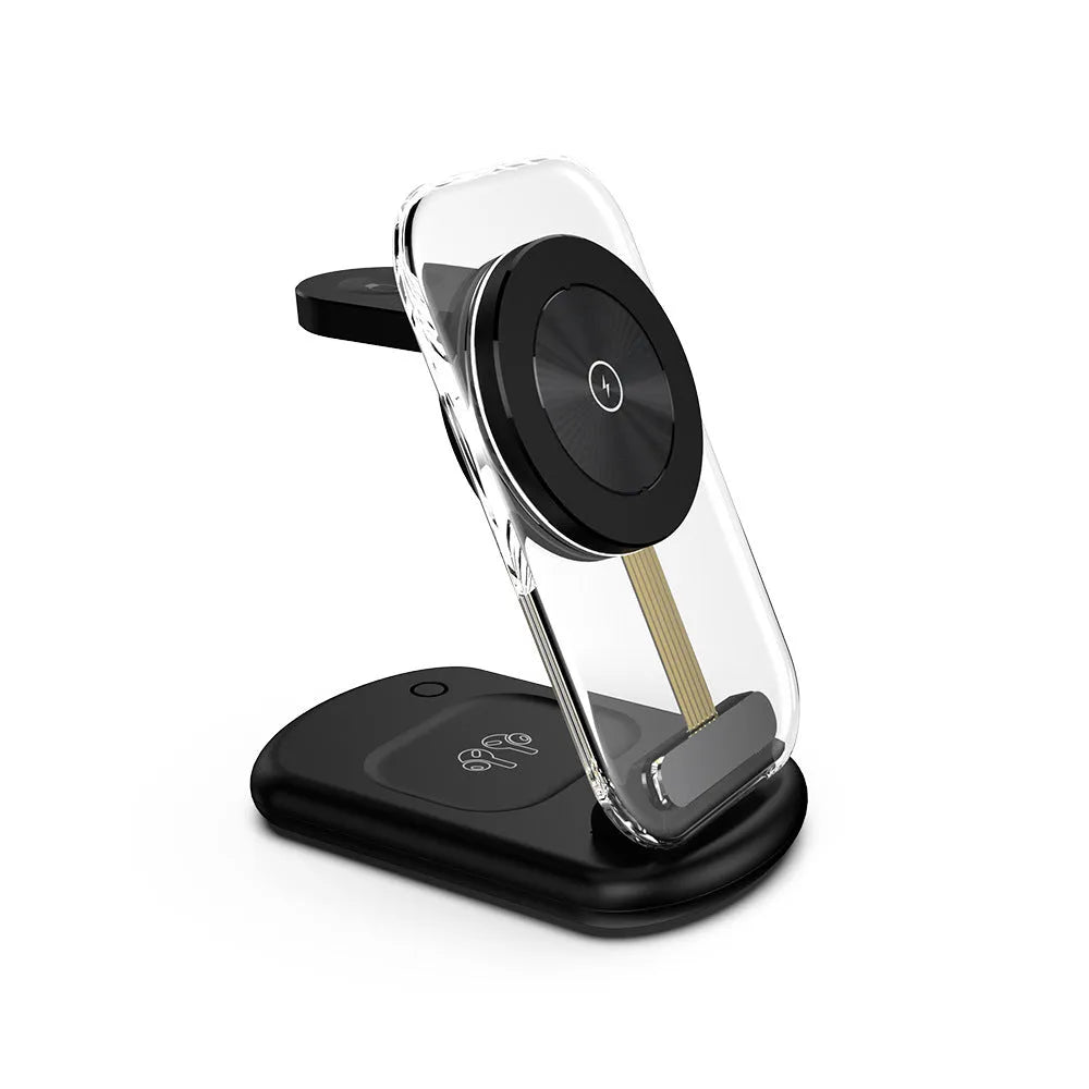 Transparent folding magnetic three-in-one wireless charger showing internal components