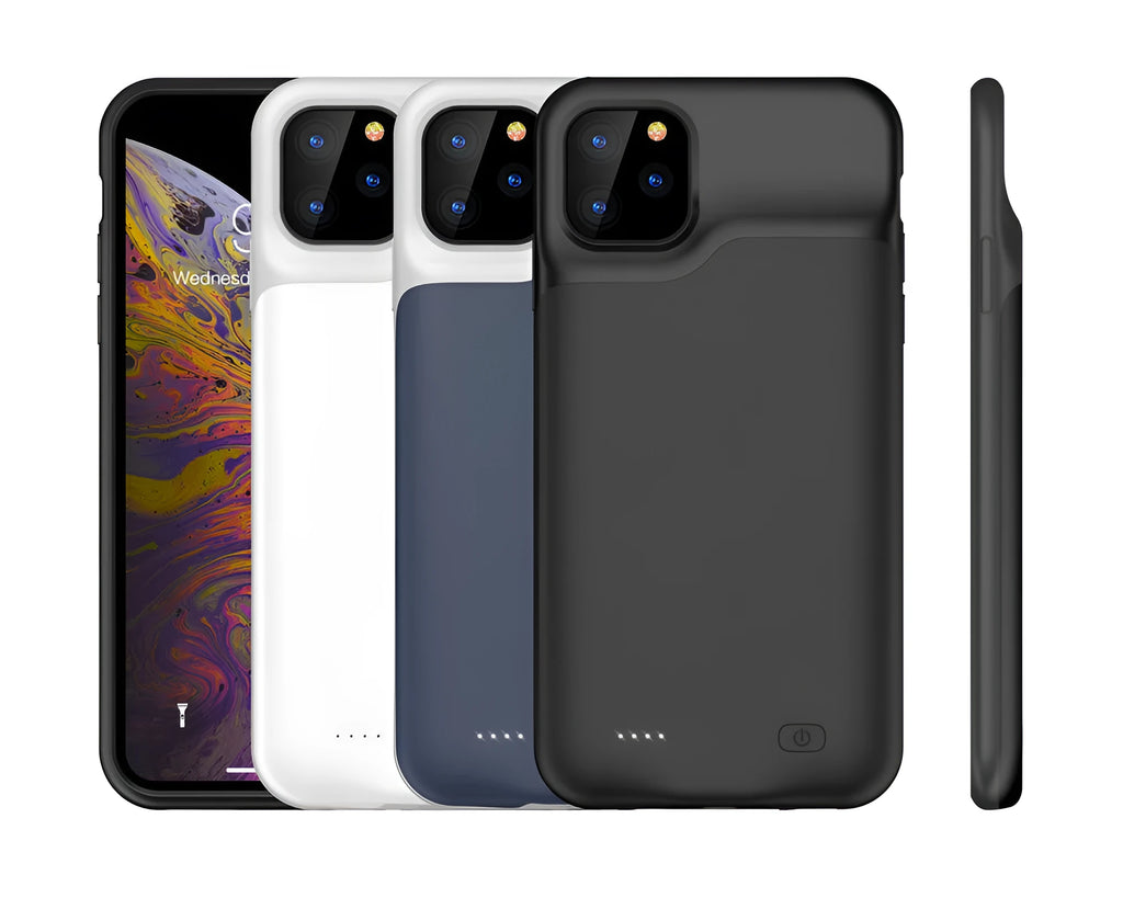 Shockproof silicone iPhone battery case in black, blue, pink, or white with integrated charging and extended battery capacity
