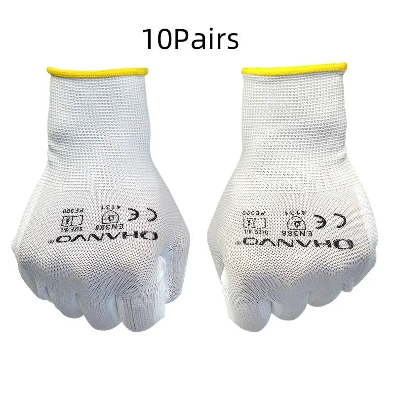 White PU coated cotton work gloves showing palm surface and wrist area