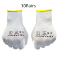 White PU coated cotton work gloves showing palm surface and wrist area