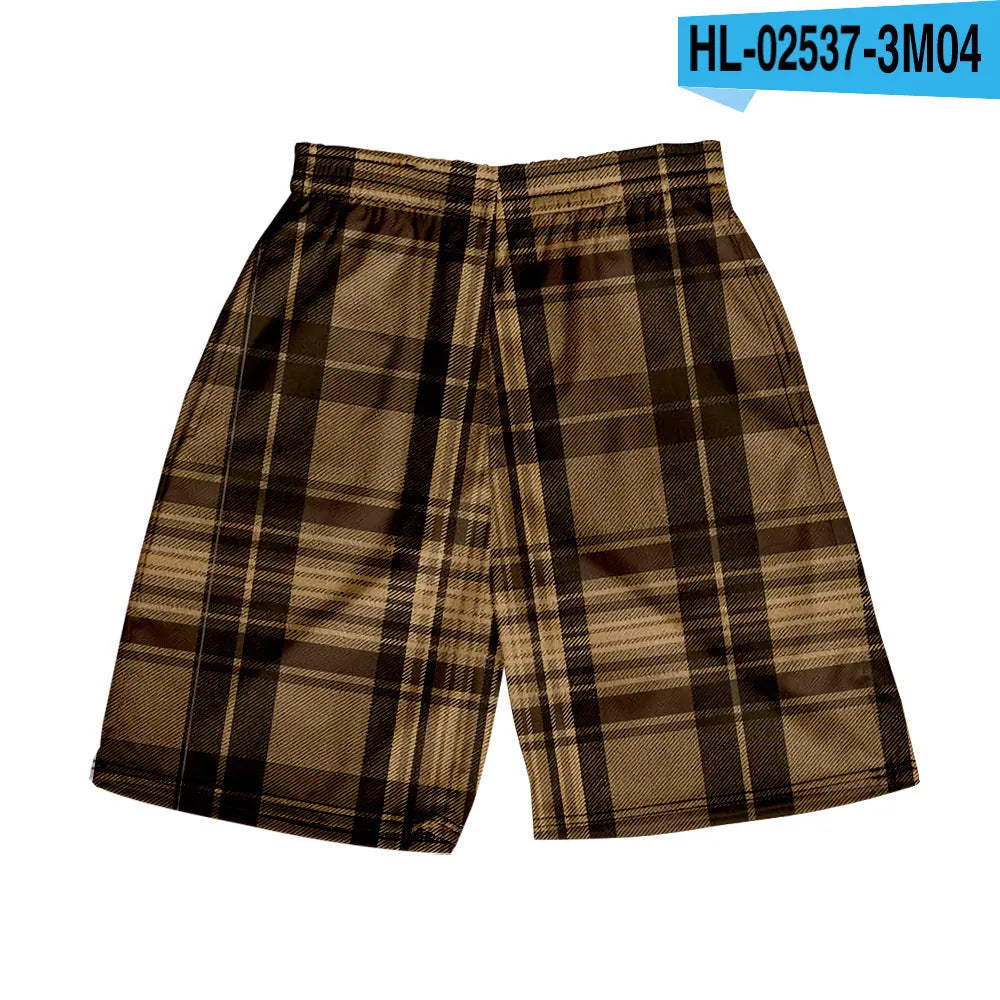 Man wearing plaid patterned polyester shorts with an elastic waistband, showcasing one of the twenty available colour options.