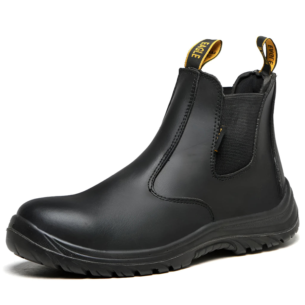 Black high-top leather safety work boots with anti-piercing sole