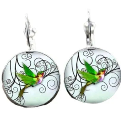 Flying hummingbird time stone glass fashion earrings for women, five style options, gem glass inlay
