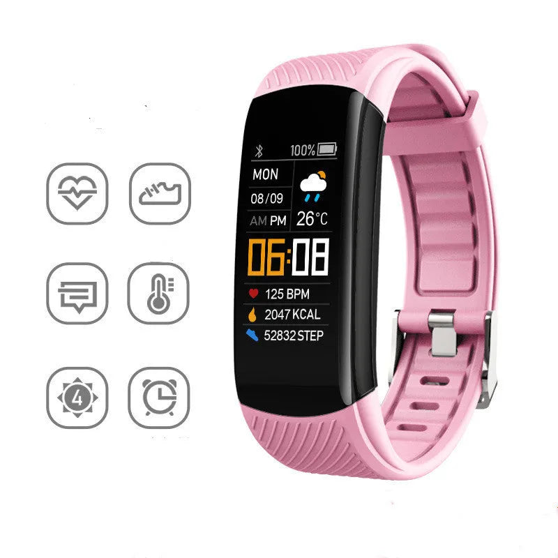 TPU sports pedometer bracelet on wrist showing 0.96-inch touch screen, available in multiple colours.