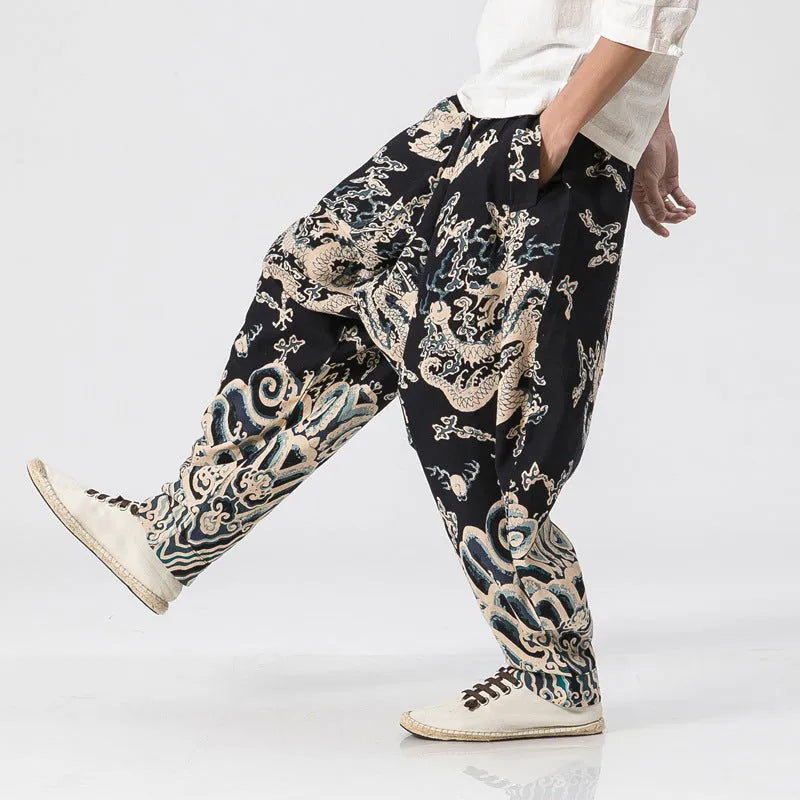 Men's dragon print harem pants with elastic waist and loose fit in multiple sizes from M to 3XL