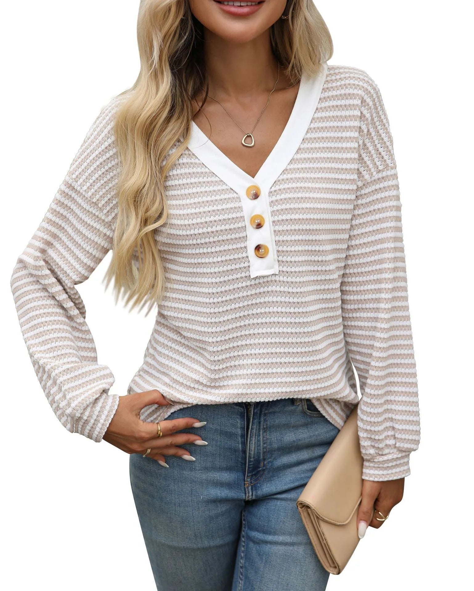 Women's patchwork V-neck casual top in loose fit with long sleeves