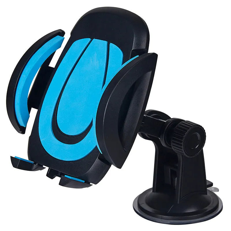 Red U-shaped suction cup car phone holder with automatic locking clamp arms on a dashboard.