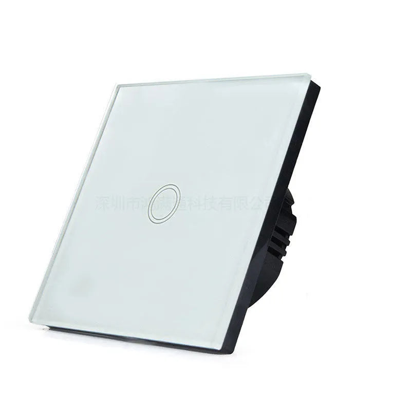 Type 86 tempered glass touch light switch for wall mounting in black, gold, or white.