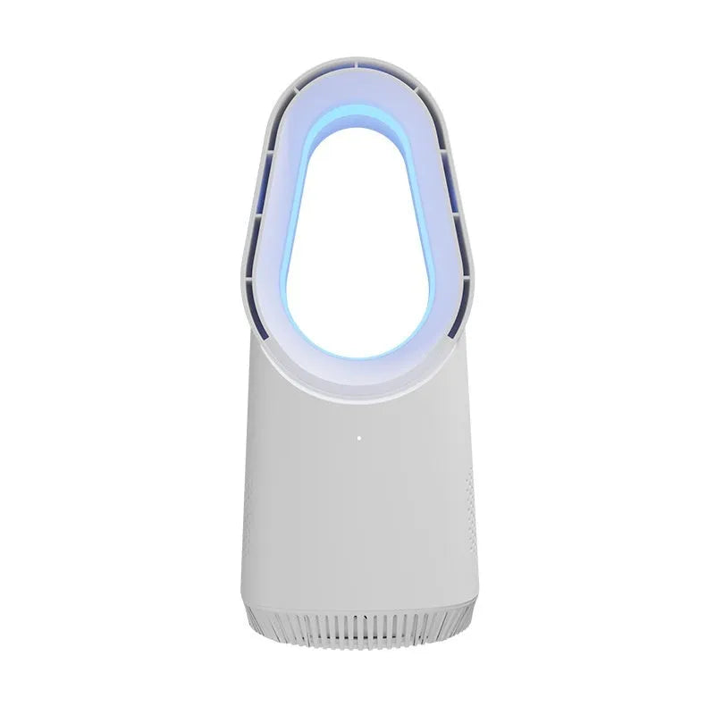 White SK bladeless tower floor fan with touch screen controls and remote