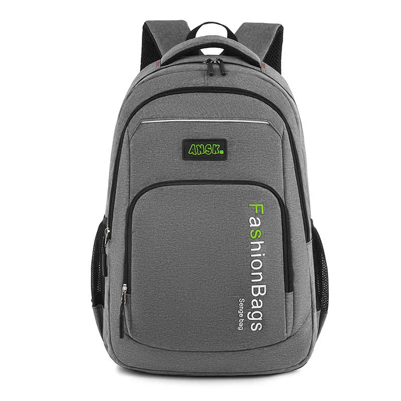 Black nylon travel backpack showing front view and open compartment with laptop sleeve.