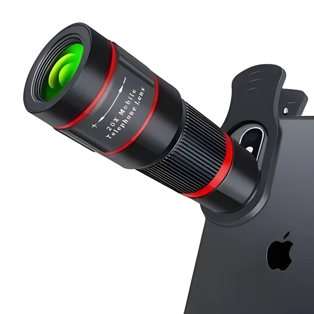 20x magnification mobile phone telescope with universal clip and eyepiece mask on a smartphone.