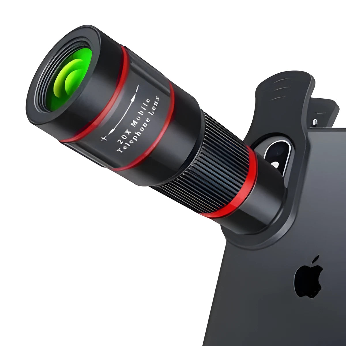 20x magnification mobile phone telescope with universal clip and eyepiece mask on a smartphone.