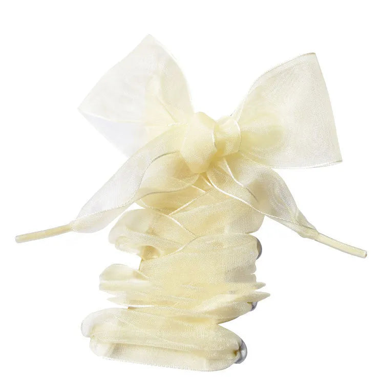 Wide transparent lace shoelaces in multiple solid colours showing 4cm width and length.