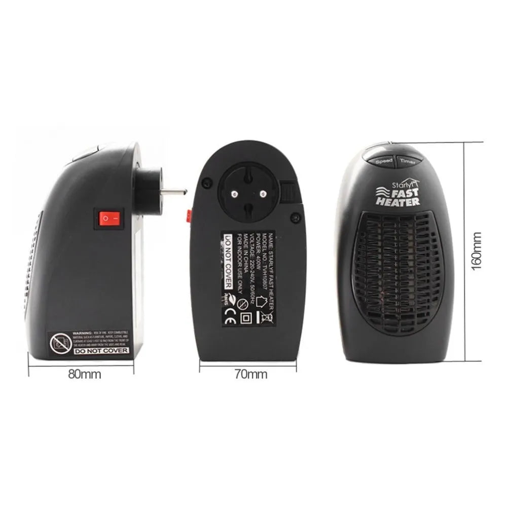 Black compact electric ceramic heater with digital display and rotating plug on desk