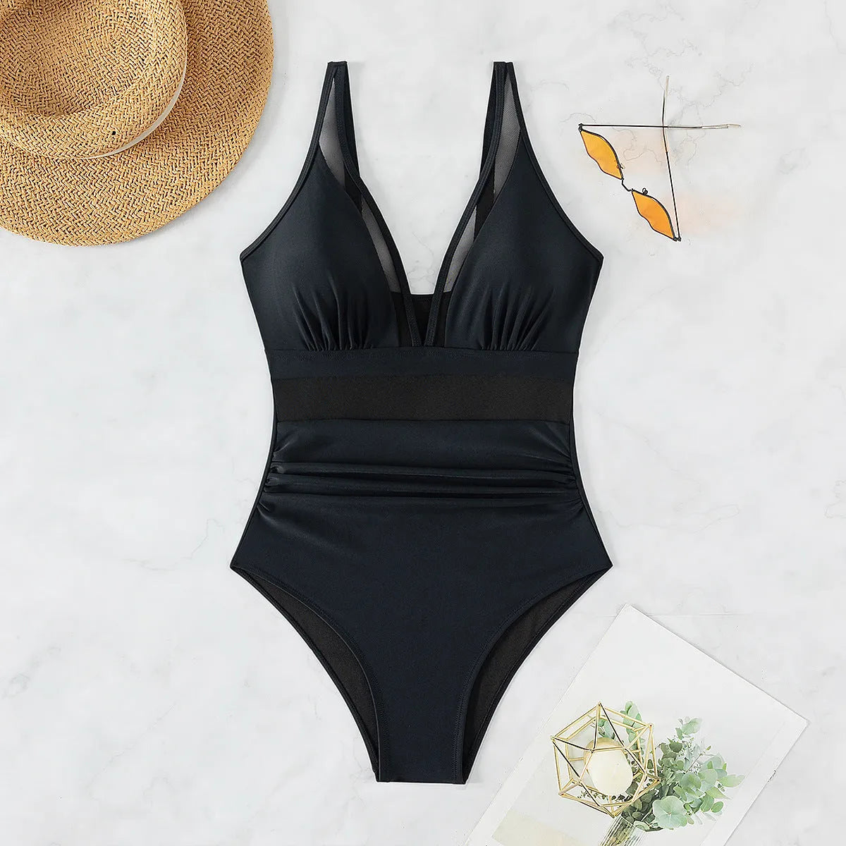 Black mesh halter one-piece swimsuit with briefs cut and sleeveless design