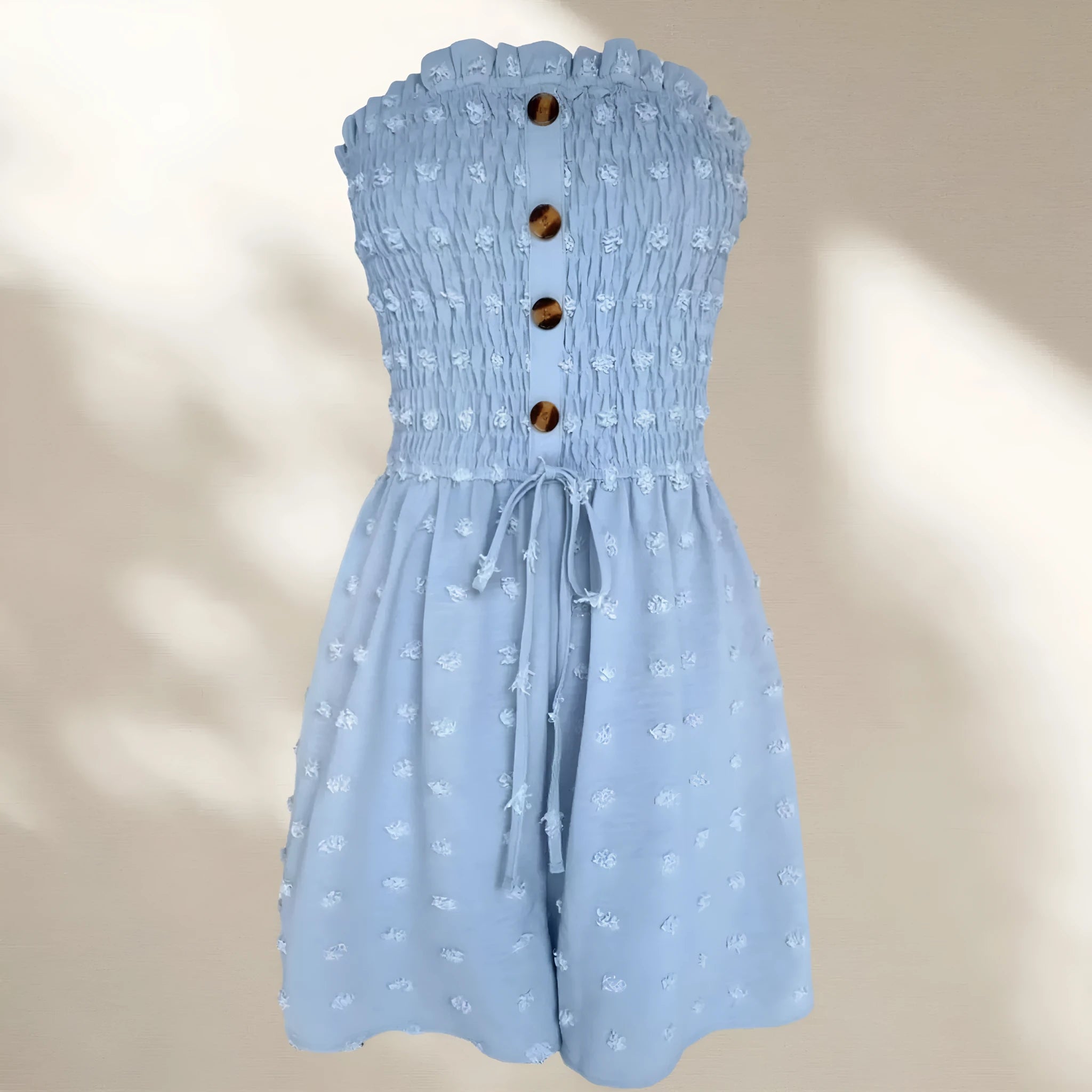 Blue sleeveless off-shoulder women's jumpsuit with button detail and mid waist fit