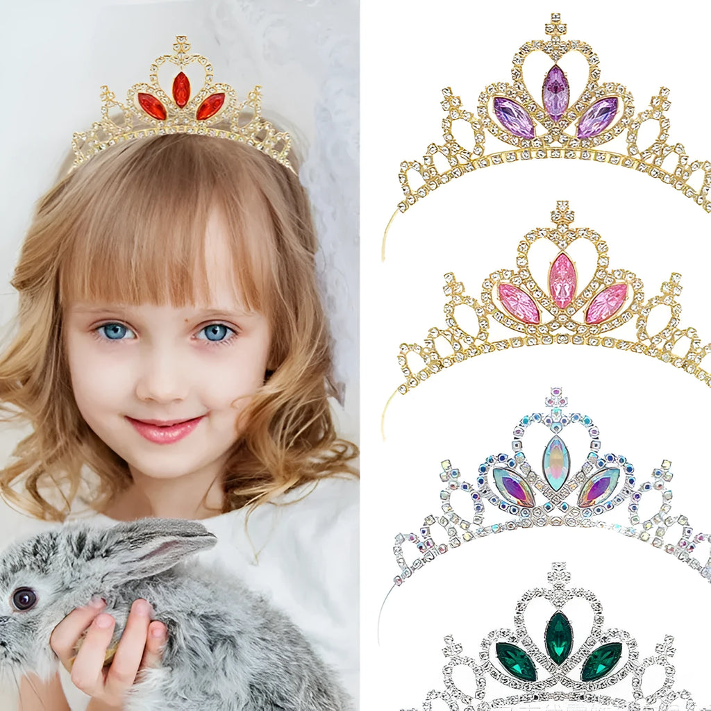 Gold electroplated alloy princess crown headdress with diamond-like decorations for birthday parties