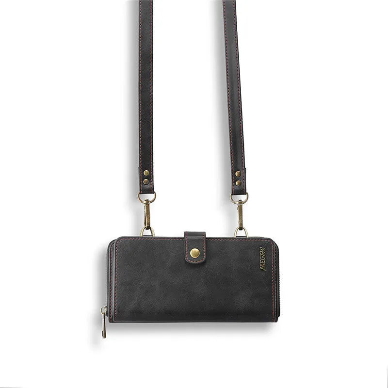 Detachable magnetic wallet phone case in black, blue, brown, or red colour options