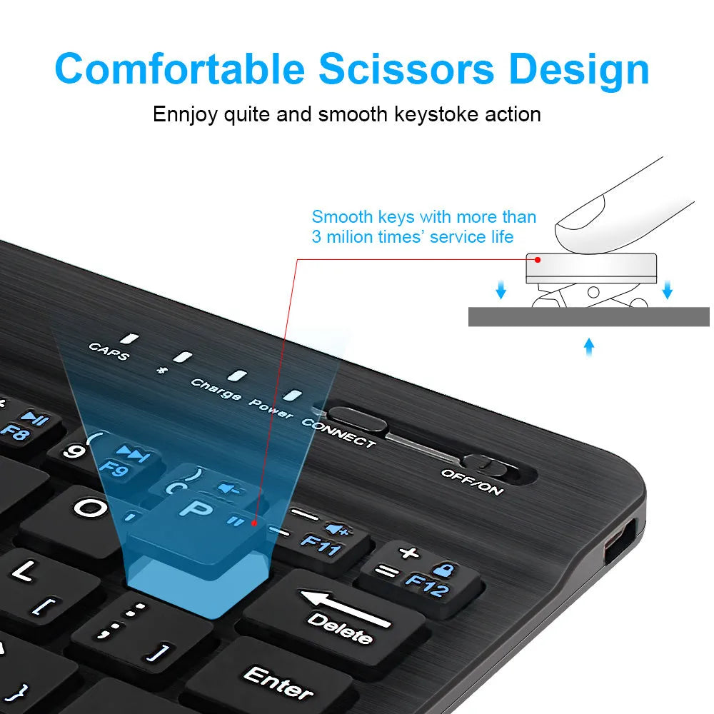 Black and white mini Bluetooth wireless keyboard shown in 7 inch, 9 inch, and 10 inch size options.