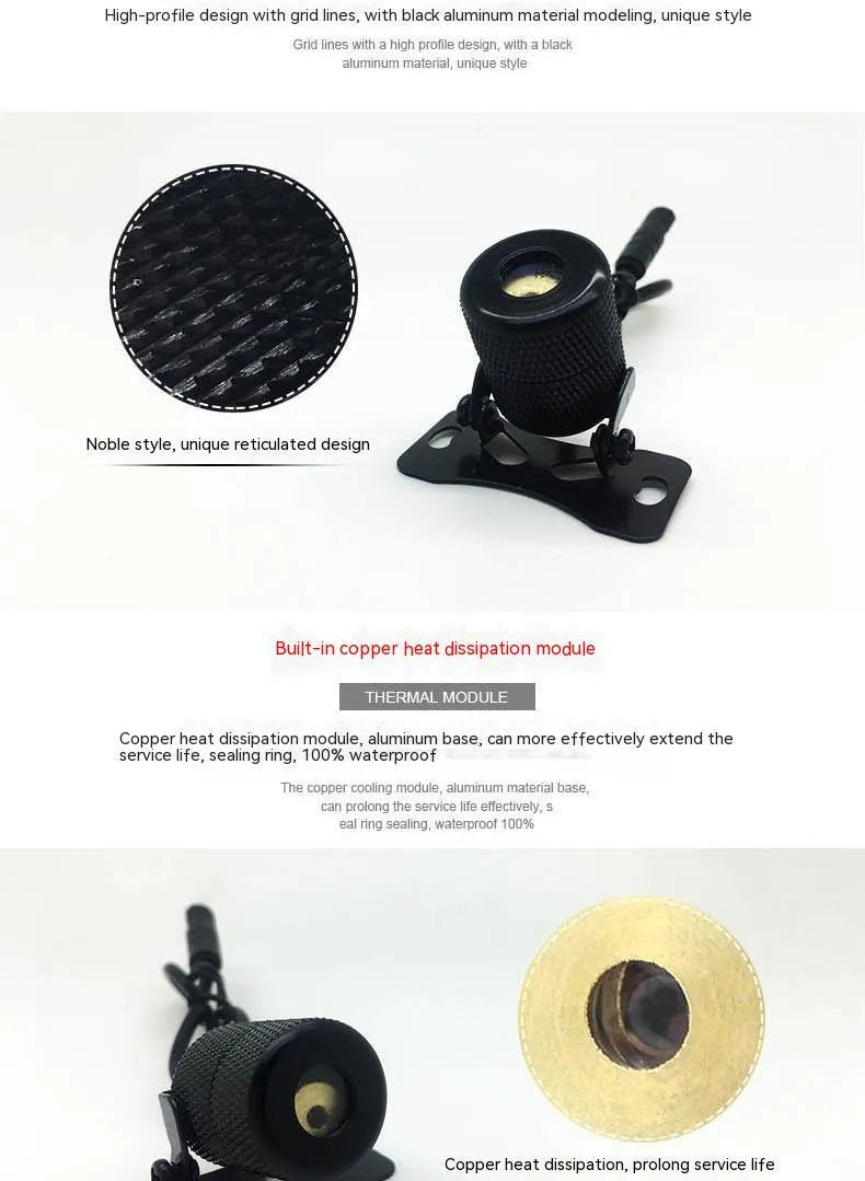 Universal vehicle laser fog lamp in aluminium housing with red laser, shown with screws and mounting tape.
